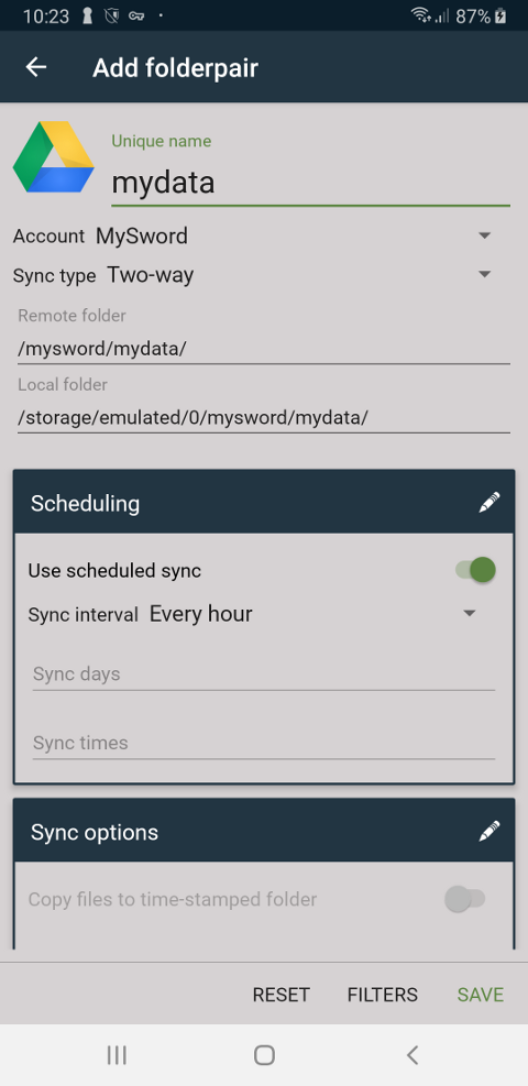 Foldersync Lite create Folderpair