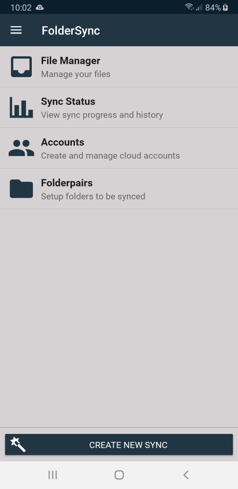 Foldersync Lite main menu