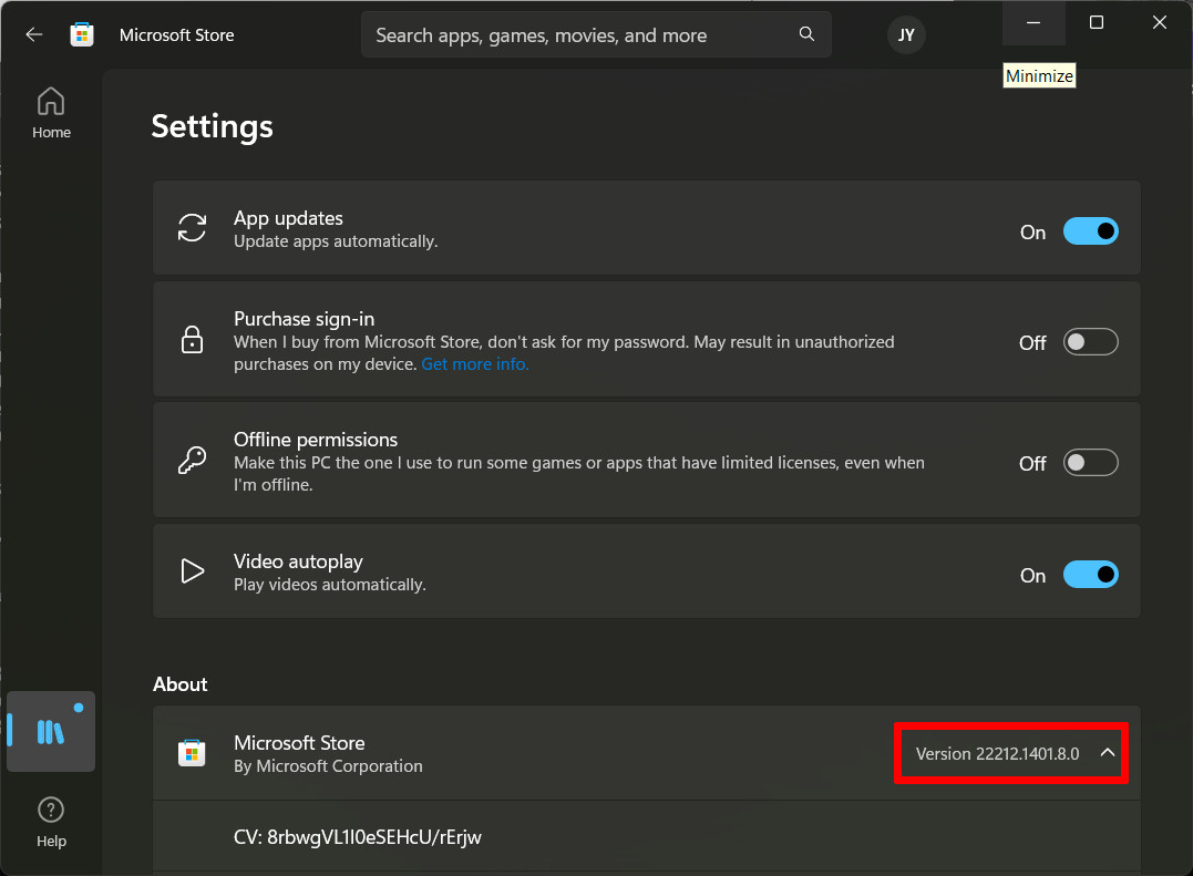 Microsoft Store Settings version