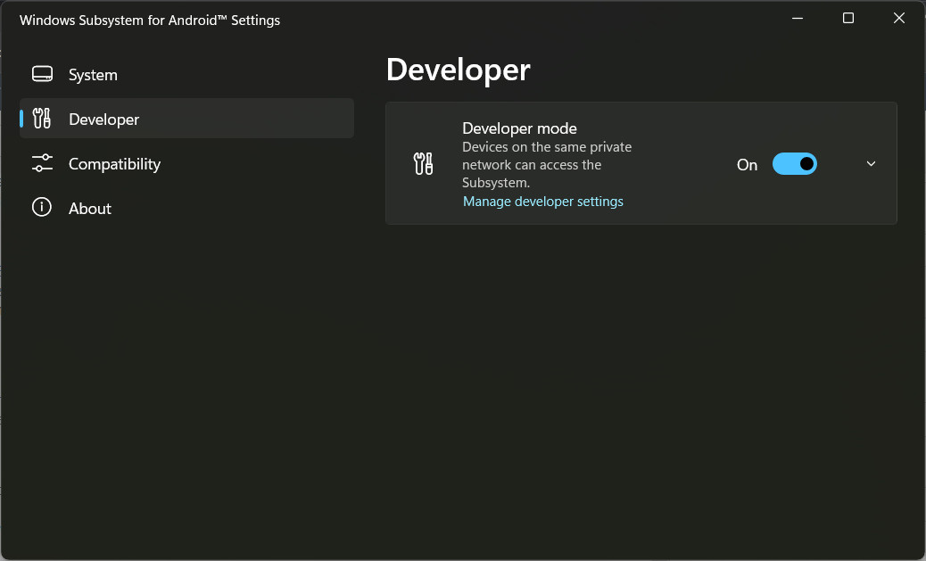 Windows Subsystem for Android Settings